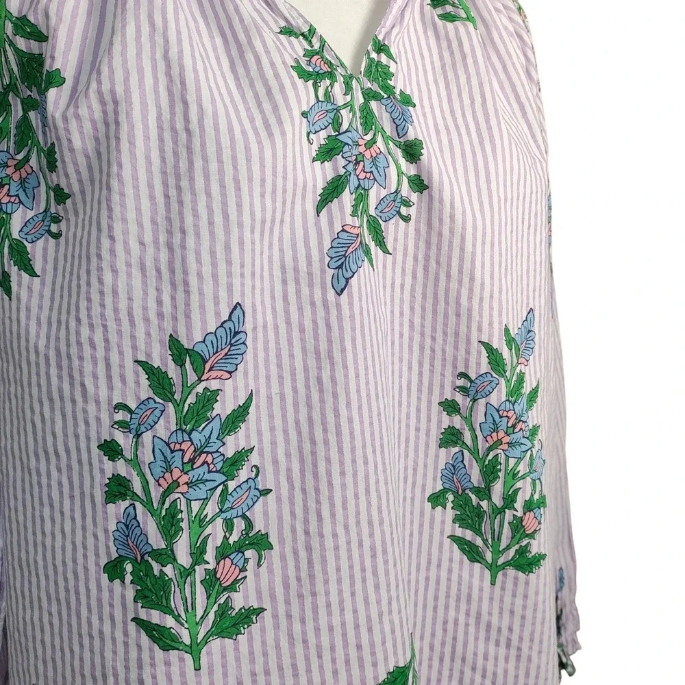 J.‎ Crew Striped Floral V-Neck Ruffle Blouse Purple White Coastal Boho Size S